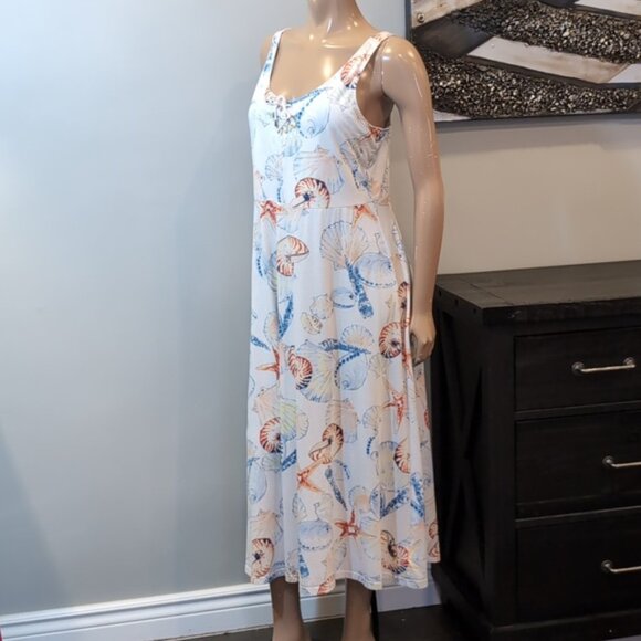 Chaps Sleeveless Beach Dress Midi A-Line Summer Vacation Resortwear Sea Shells - Picture 7 of 14